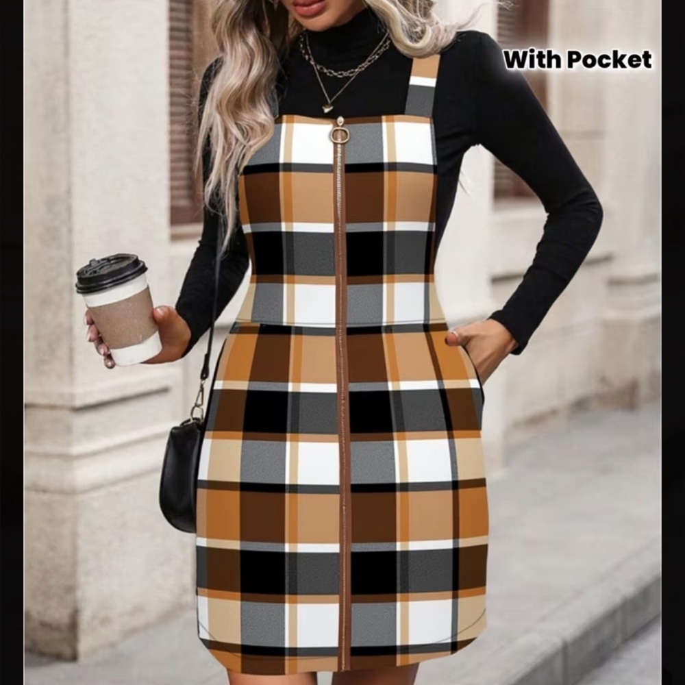Plaid Zip-Up Dress with Pockets